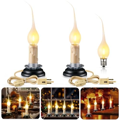 Enhon 2 Pack 3 in Rustic Country Candle Light with Replacement LED Light Bulbs, UL Certification Electric Christmas Window Candles Light with On/Off Switch, 0.6W C7 Candlestick Lamp, 5Ft Cord