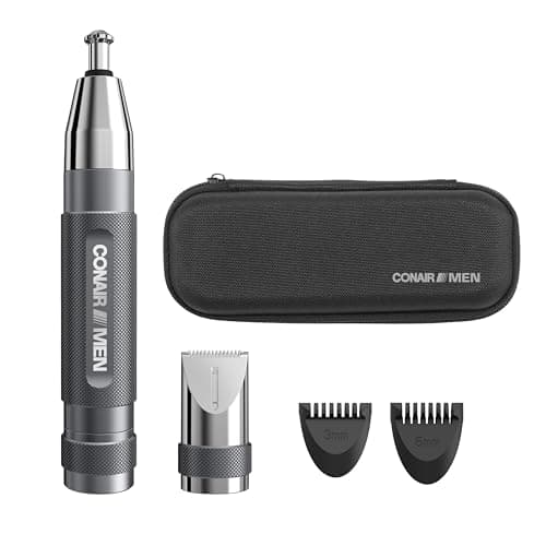 Conair Men Ear, Nose and Eyebrow Trimmer, Patented 360° Bevel Blade for No Pulls, Nicks or Cuts Guaranteed, Nose Hair Trimmer for Men, Non-Slip Grip, 5-Piece Kit with Travel Case