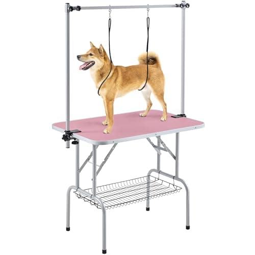Yaheetech 36'' Pet Grooming Table for Dogs Adjustable Height Portable Trimming Table Drying Table w/Arm/Noose/Mesh Tray Maximum Capacity Up to 265Lb, Pink
