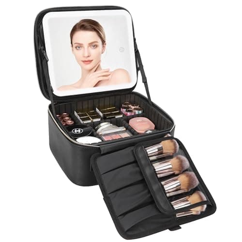 Relavel Travel Makeup Bag With LED Mirror, Cosmetic Train Case with Light up Mirror, Portable Makeup Artist Organizer Bag with Adjustable Dividers, Makeup Brush Holder Storage, Black