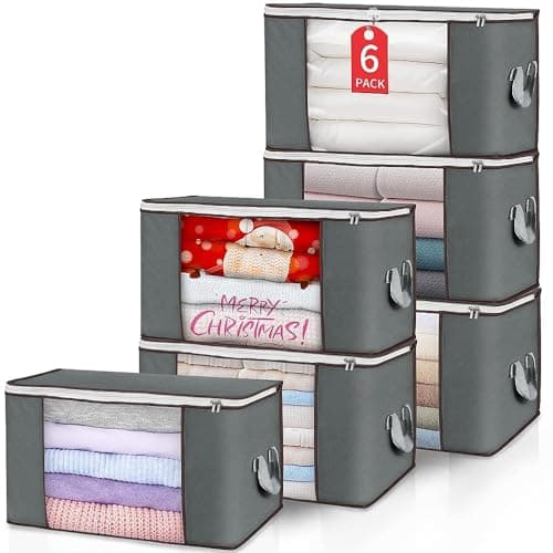 Budding Joy Clothes Storage, Foldable Large Storage Bags, Storage and Organization for Clothing, Blanket, Comforter, Clothes, Pillows, Toys, Closet Organizers with Enhanced Handle, 60L 6 Pack Gray