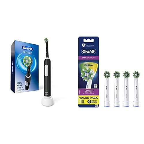 Oral-B Pro 1000 CrossAction Electric Toothbrush, Black with 4 Replacement Brush Heads Refill