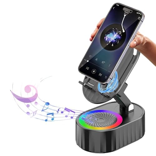 AKLLCCR Wireless Induction Audio Bluetooth Speaker 5in1 Phone Holder Emergency Rechargeable (3000mAh) with Colorful Ambient Light 300° Foldable for Tablet iPhone Android, Gifts for Men Women (Black)