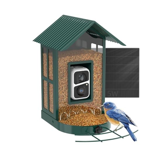 Soliom- Bird Feeder with Camera, 5W Solar Powered, AI Identify Species, Smart Wild Bird Watching, 2K Live View, Instant Arrival Alerts,Large 2.7L Seed Capacity, Metal Squirrel Chew-Proof - BF08 Green