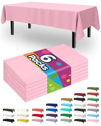 Pureegg Plastic Table Cloth Disposable 6 Pack, 54 x 108 Inch Table Cloths, Easter Party, Valentines, Mothers Day Decorations, Tablecloths, Rectangle, Pastel Plastic Cover, Waterproof, Pink