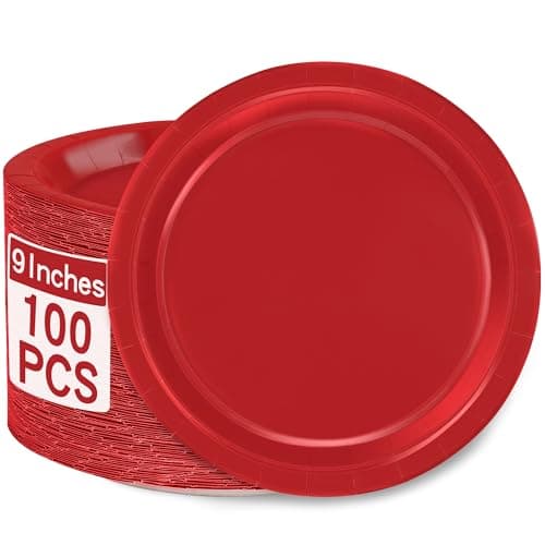 QZYL 100 PCS Disposable Paper Plates, 9" Red Paper Plates, Sturdy Party Plates Round Dinnerware Dinner Plates Set for Everyday Use Birthday Picnic Camping Anniversary Wedding Christmas Party Supplies