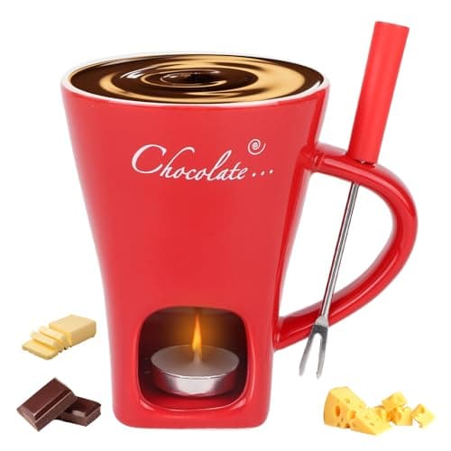 Chocolate Fondue Cup Set, Ceramic Sweet Melting Mug Tealight, Mini Fondue Pot Kit with Fork & Candle, Candy Warmer for Cheese Desserts Perfect for Date Nights Valentines Birthday Wedding Gift (Red)