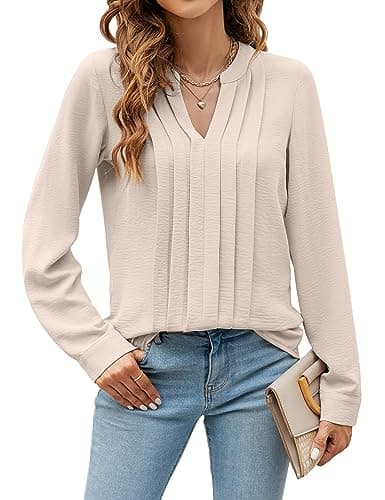 Blooming Jelly Women's Dressy Casual Blouses Business Work Tunic Tops Cute Long Sleeve V Neck Pleated Shirts 2024 Fall Outfits (Apricot,Small)