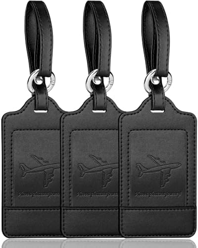 Teskyer Luggage Tags, 3 Pack PU Leather Luggage Tags for Suitcases, Privacy Protection Bag Tags Travel Essentials, Black