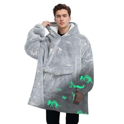 Mewkou Wearable Blanket Hoodie for Adult,Oversized Sherpa Fleece Blanket Hoodie for Women Men,Glow in The Dark Dinosaur Fossil