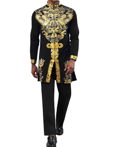 Mens African 2 Piece Set Zipper Nigerian Dashiki Metallic Shirt and Pants Outfit Gold Stamp Printed Long Traditional Suit