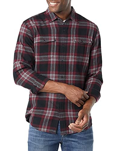 Amazon Essentials Men's Flannel Shirts, Long-Sleeve, Slim-Fit, Two-Pocket, Plaid, X-Large, Black Burgundy Plaid