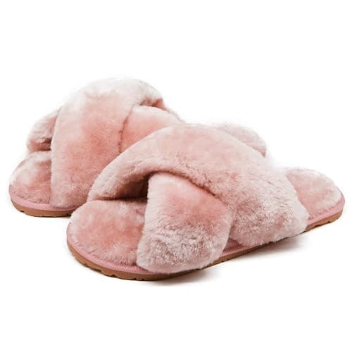 Crazy Lady Women's Fuzzy Fluffy House Slippers Cute Plush Memory Foam Shoes Cross Band Indoor Outdoor Open Toe Sandals(06/Pink, 7-8)