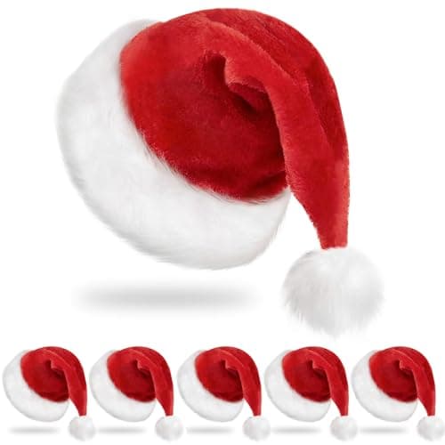 RJVW 6Pcs Santa Hats Christmas Hats: Xmas Holiday Hat for Adults, Unisex Velvet Classic Santa Hat for Xmas New Year