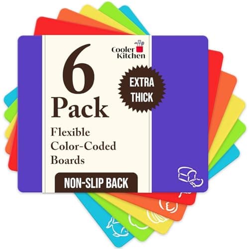 Cooler Kitchen Extra Thick Flexible Plastic Cutting Board Mats with Food Icons & EZ-Grip Waffle Back, (Set of 6) Dishwasher Safe