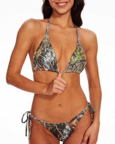 2 Piece Camouflage Bikini Sets for Women Reversible Swimsuit Real Tree Camo Bikini Triangle Top String Tie Side Sexy Bathing Suitswith with Removable Padded Bras (Camouflage Green, M)