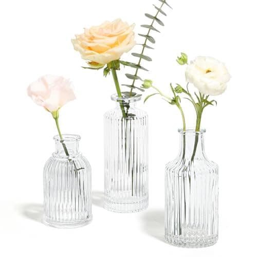 ComSaf Glass Bud Vases Set of 3, Small Flower Vases in Bulk, Mini Ribbed Vases for Centerpieces, Clear Vintage Vases for Table Decorations, Wedding, Party, Receptions, Home Decor (Different Sizes)