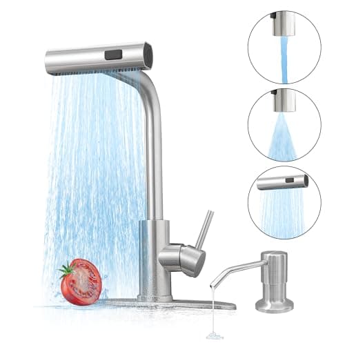 Kitchen Faucets with Pull Down Sprayer,Waterfall Kitchen Sink Faucet,Commercial Utility Stainless Steel Kitchen Faucets with Soap Dispenser,Single Handle Sink Faucet with Pull Down Sprayer for 3 Mode