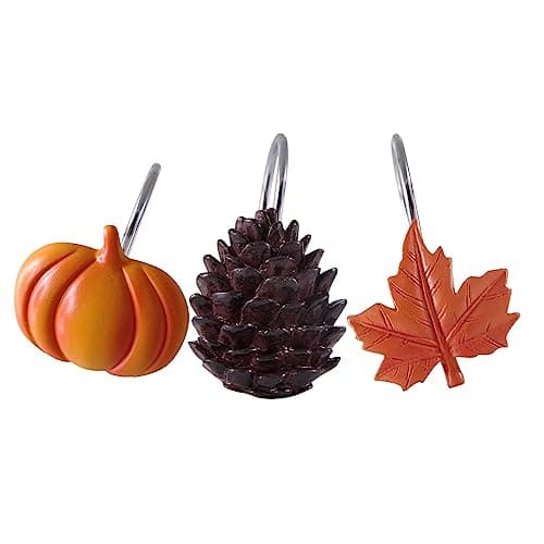 Estmy 12PCS Fall Autumn Shower Curtain Hooks Rings Fall Bathroom Decor Accessories Metal Rustproof Maple Leaf Pumpkins Pinecone Fall Leaves Thanksgiving Decorative Shower Hooks Rings for Curtains