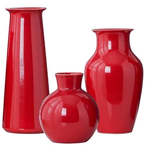 JDZMYF Red Ceramic Vase for Home Decor Bud Vase Set of 3 Decorative Vases for Living Room Kitchen Modern Farmhouse Rustic Clay Tall Coffee Table Flower Vases for Dining Room