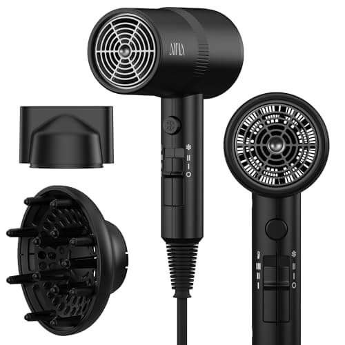 AINA Hair Dryer with Diffuser, Blow Dryer for Women | Advanced Ionic Technology, Ceramic Coating | Cold Shot Features Turbo Heat for Fast Drying and Shine 110V/ALCI (Vader Black)