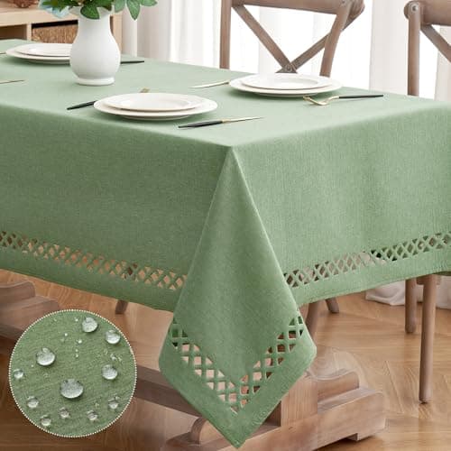 MIULEE Sage Green Thick Polyester Linen Rectangle Tablecloth with Decorative Cutouts Waterproof Stain Resistant Table Cloth Spring Boho Farmhouse Table Cover for Dining Party Wedding, 52 x 70 inch