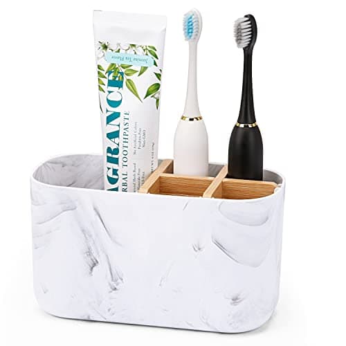 GFWARE Toothbrush Holders for Bathrooms, 5 Slots Bamboo Toothbrush Holder Kids Electric Toothbrush Holder and Toothpaste Holder for Bathroom Countertop Accessories Storage, Marble Toothbrush Organizer