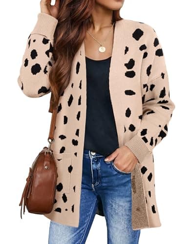 ZESICA Women's Fall Winter Long Sleeves Open Front Leopard Print Knitted Sweater Cardigan Coat Outwear,A Beige,Large