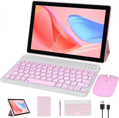 Tablet 10 Inch Android 14 Tablets 2 in 1 Tablet With Keyboard 64GB+8GB RAM 10.1" Tablets 8MP Camera 6000mAh Battery, Include Keyboard/Mouse/ Case/ Stylus Pen/Bluetooth Wifi-6 Tab Pink/Girl Tablet PC