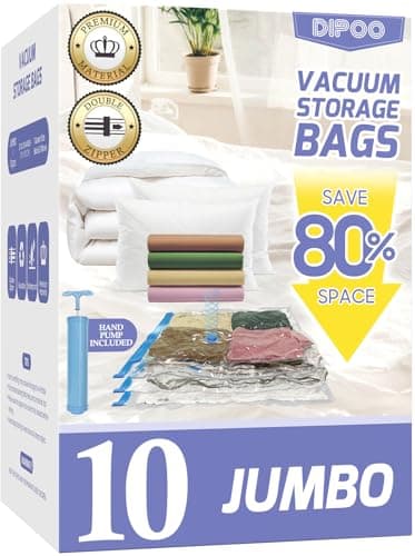 10 Pack Jumbo Vacuum Storage Bags with Hand Pump, 80% Storage Space Saving, Sturdy Leak-Free Space Saver Vacuum Seal Bags for Clothing, Vacuum Compression Bags for Travel Lugggage Blankets Comforters