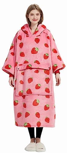 KFUBUO Wearable Blanket Hoodie for Adult Long Sherpa Strawberry Patterns Oversized Sweatshirt Blanket with Pockets Birthday Gifts for Women