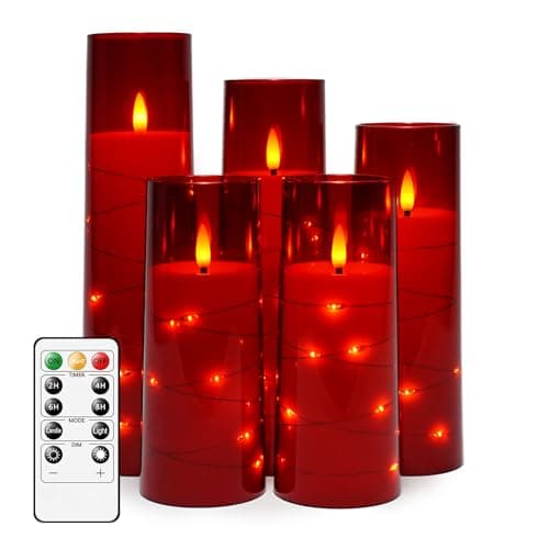 Best Christmas Decors for Table #1 from kakoya kakoya Flameless LED Candles with Timer 5 Pc Flickering Flameless Candles for Romantic Ambiance and Home Decoration Stable Acrylic Shell,with Embedded Star String,Battery Operated Candles(Red)