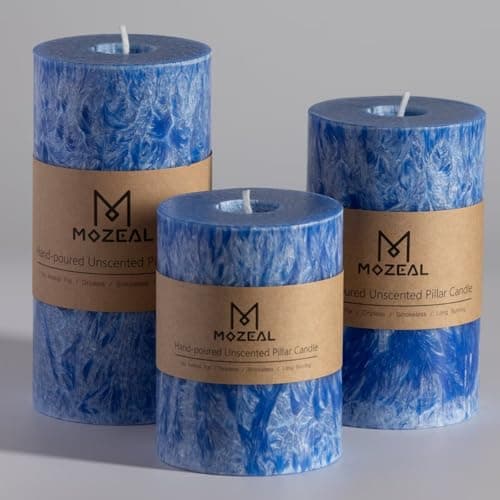 MOZEAL Hand-Poured, Unscented Blue Crystal Pillar Decorative Candles, Elegant Set of 3 in Different Sizes (3"x4", 3"x5", 3"x6"), Luxurious Décor for Homes & Events