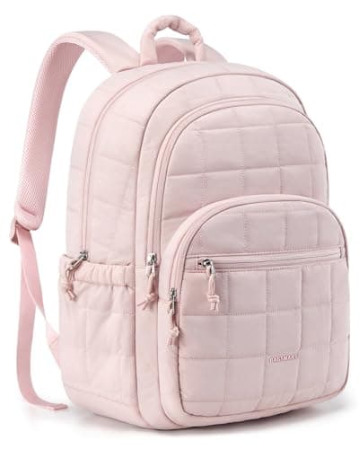 BAGSMART College Laptop Backpack, Travel Laptop Backpack for Women, Quilted Casual Daypack, Water-Resistant Bookbag for 15.6 Inch Laptop, Pink