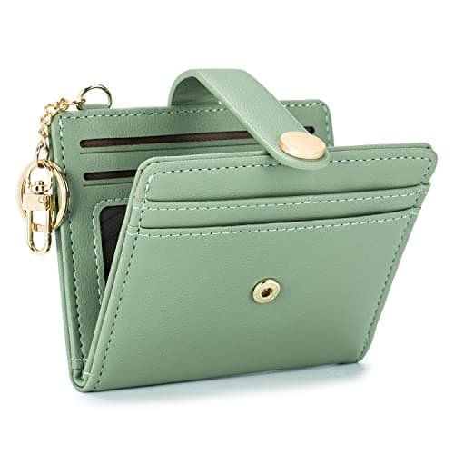 POIUGOYA Slim Wallet for Women, Leather Bifold RFID Blocking Credit Card Holder with Keychain, Zipper Coin Pocket ID Window