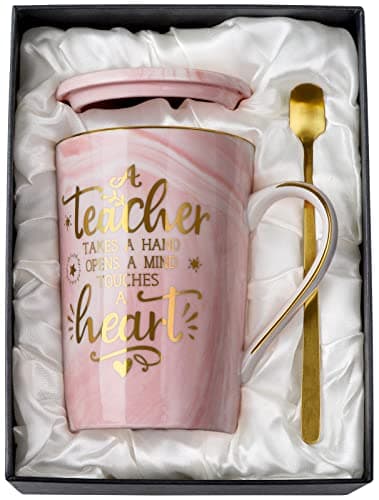 Unique Teacher Appreciation Gifts for Women - Best Teachers Christmas Mug for Teachers from Student, 14Oz Pink Marble Ceramic Gold Print Teacher Cup, Birthday Retirement Graduation, Nice Gift Boxed