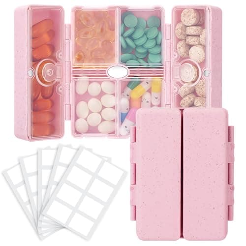 FYY Travel Pill Organizer with Blank Lables,6 Compartments Magnetic Pill Organizer Pill Box for Purse Pocket to Hold Vitamins,Cod Liver Oil,Supplements and Medication-Pink