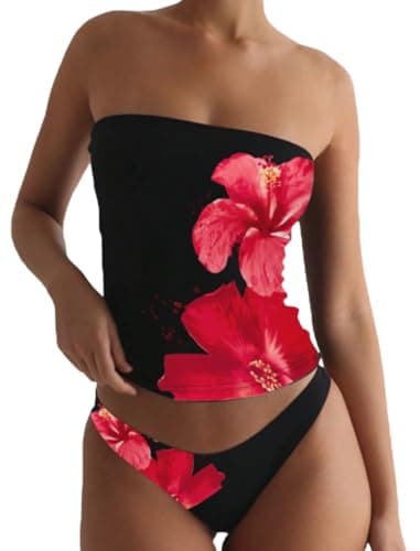 ZAFUL Women's Bandeau Tankini Swimsuit Asymmetrical Slit Bowknot String High Cut Fairyland Cheeky Bathing Suit(5-Flower-Black, M)