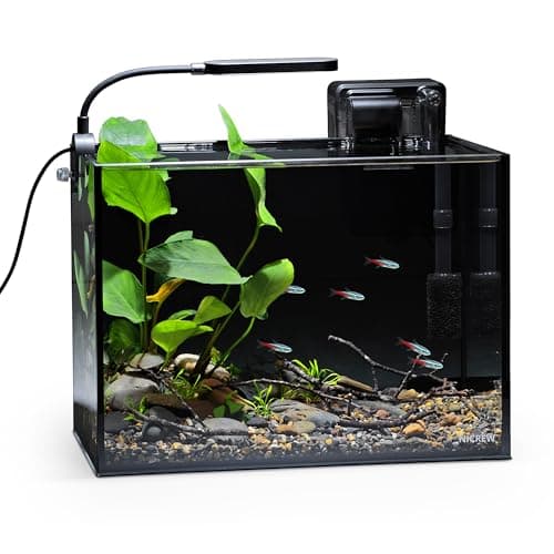 NICREW 2.5 Gallon Nano Nature Aquarium Kit, Ultra-Clear Rimless Desktop Fish Tank with Light, Filter, Gravel and Rock, Perfect for Small Fish, Shrimp, or Betta, Complete Version, Black