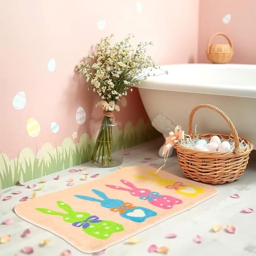 FEBSNOW Easter Bunny Bathroom Rug, Non-Slip Water Absorbent Bath Mats Decorations for Bathroom, Bunny Easter Spring Tufted Bath Rug for Bathroom Shower Tub Kitchen Area Rug（26.8 x 17.7 inch）