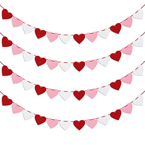 Felt Heart Garland Banner, Pre-Strung | Valentines Decorations | Red Pink White Valentines Banner | Anniversary Wedding Birthday Party Decorations | Outdoor Home Hanging Valentine's Day Decor