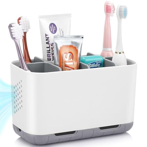 Boperzi Toothbrush and Toothpaste Holder Drainage for Bathroom Countertop with Adjustable Dividers, Large Toothpaste Caddy Organizer Storage Rustic Decor Set Anti-Slip for Shower,Family,Kids Gray