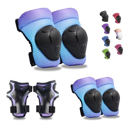 GEQID Kids Knee Pads Elbow Pads Wrist Guards Set,Protective Gear for 4-6-12 boys girls roller skating scooter skateboarding bike (Purple blue gradient, Free Size (4-12 years or 40-80lbs))