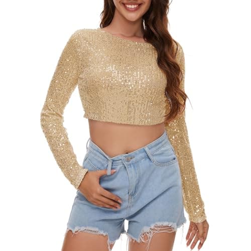 Sequin Crop Top Long Sleeve Sequin Top Sparkle Crop Top for Disco Rave Concert Party Golden