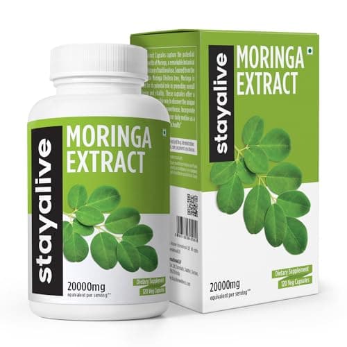 STAY ALIVE Pure Moringa Capsules, 20000mg Equivalent, 120 Vegan Moringa Pills, Immune, Digestive & Body Support, Green Superfood with Extra Strength, Moringa Powder Capsules, Non-GMO & Gluten Free