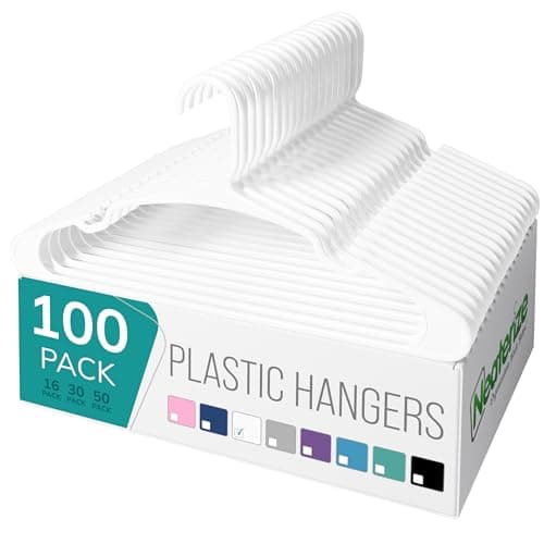 NEATERIZE Clothes Hangers Plastic 100 Pack For Adults - Plastic Hangers, The Perfect Coat Hanger and Space Saving Clothes Hangers for Closet, Percheros Ganchos para Colgar Ropa Hangars - White Hangers