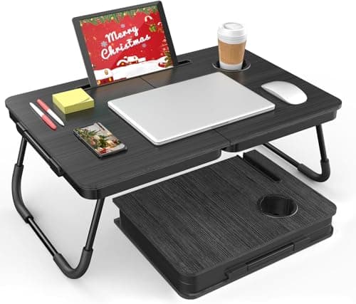 BUYIFY Portable Foldable Laptop Desk for Bed and Couch, Adjustable Lap Desk with Cup Holder and Phone Holder, Ideal for Working, Reading, Writing, and Breakfast (Black)