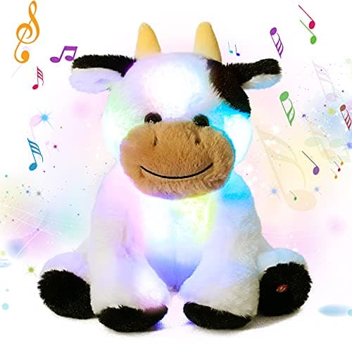 Cuteoy Glowing LED Cow Light-up Nightlight Toys Musical Plush Stuffed Animal Soft Singing Lullabies Birthday Christmas Plushies Gifts for Kids Boys Girls,10"