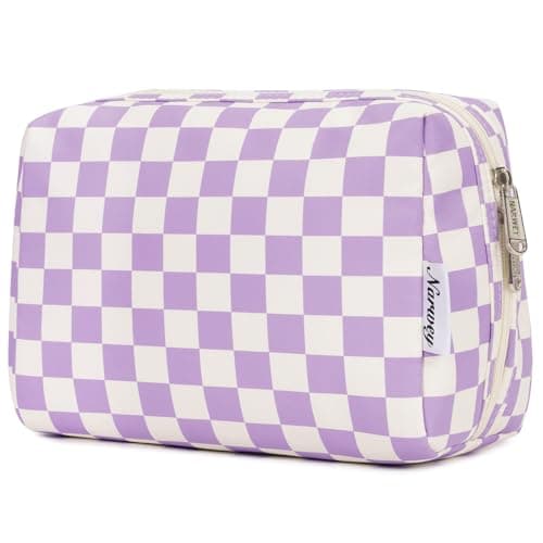 Narwey Checkered Makeup Bag Travel Cosmetic Bag Organizer Toiletry Bag Make Up Bags with Compartments for Women Girls (Large, Purple Checkerboard)