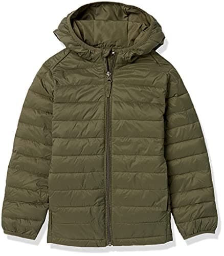 Amazon Essentials Boys' Lightweight Water-Resistant Packable Hooded Puffer Jacket, Dark Olive, X-Large